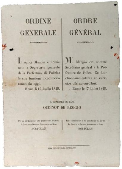 null (CAMPAGNE DE ROME) - PLACARD BILINGUE - Ordre Général du Général en Chef OUDINOT...