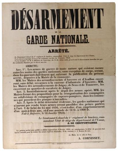 null [ÉTAT DE SIÈGE DU DÉPARTEMENT DE L'YONNE - COUP-D'ÉTAT DU 2 DEC (1851). - DÉSARMEMENT...