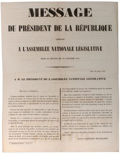 1851 MESSAGE DU PRÉSIDENT DE LA RÉPUBLIQUE LOUIS-NAPOLÉON BONAPARTE ADRESSÉ A L'ASSEMBLÉE...