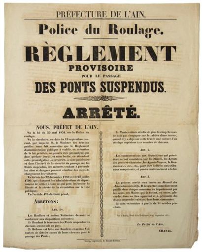 1851 AIN. POLICE DE ROULAGE. Règlement provisoire pour le passage des PONTS SUSPENDUS....