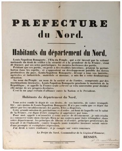 NORD LOUIS-NAPOLÉON-BONAPARTE: COUP D'ÉTAT DU 2 DÉCEMBRE 1851 - Adresse du Préfet...