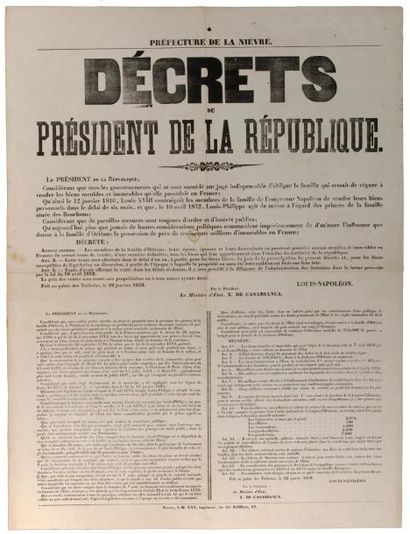 NIEVRE COUP-D'ÉTAT DU 2 DEC. 1851 - VENTE DES BIENS DE LA FAMILLE D'ORLÉANS & CRÉATION...