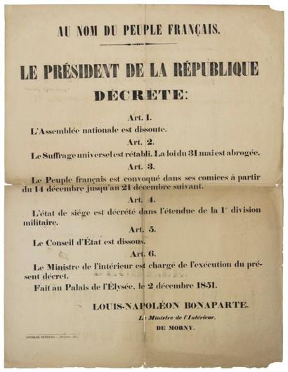 null (LOUIS-NAPOLÉON BONAPARTE- COUP D'ÉTAT du 2 DÉCEMBRE 1851) «Le Président de...