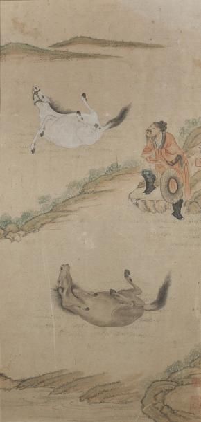 null Peinture verticale de style Yuan (Zhao Zi Ang) représentant un palefrenier regardant...