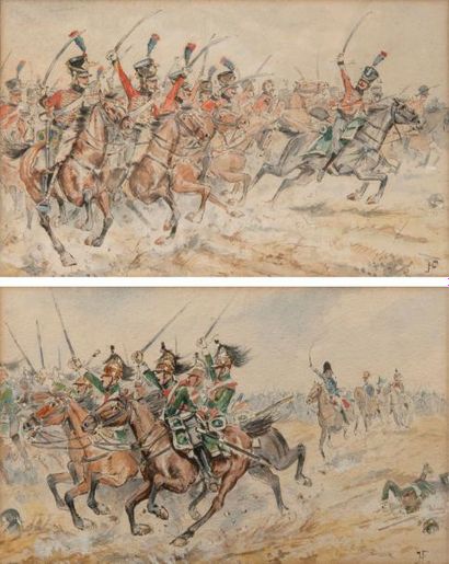 ECOLE FRANÇAISE FIN XIXe Charge de Hussards et charge de Dragons Paire de dessins...
