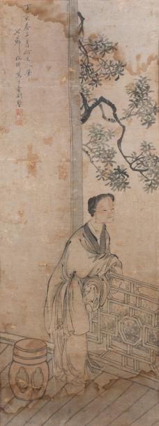 null Peinture verticale dans le style de Gai Qi représentant une jeune femme accoudée...
