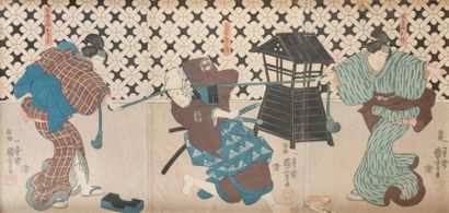 KUNIYOSHI (1798-1861) Triptyque d'estampes, représentant trois acteurs, deux dans...