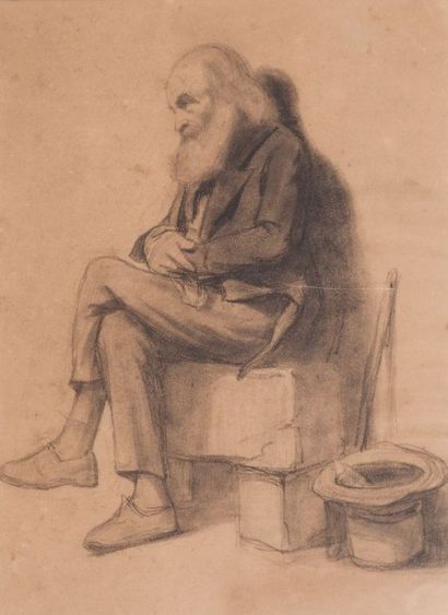 null Ecole FRANCAISE du XIXe siècle - Homme barbu assis sur un banc de pierre - Fusain....