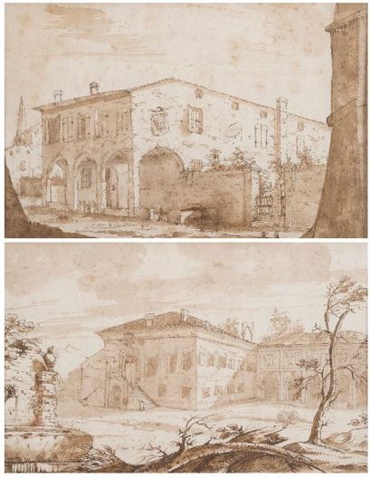 null Ecole ITALIENNE du début XVIIIe siècle - Maisons - Deux encres - - 19,5 x 31,5...