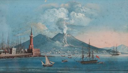 null Ecole NAPOLITAINE du XIXe siècle - Vue de la baie de Naples, le Vésuve en éruption...