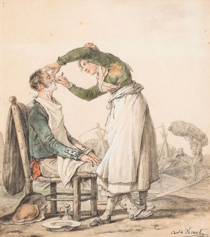 null Carle VERNET
(Bordeaux 1758 – Paris 1863)
« La jeune barbière »
Plume, lavis...