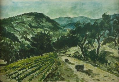 André DUNOYER DE SEGONZAC (1884-1974) Paysage de vigne avec charrettes. Estampe,...