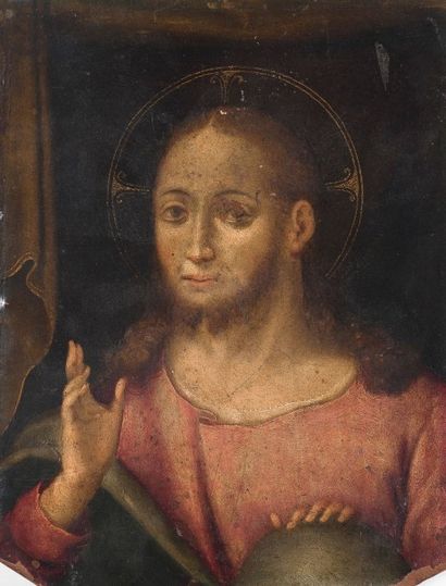 null Ecole ITALIENNE du XVIIe siècle Christ bénissant Cuivre. 23 x 17 cm Accidents...