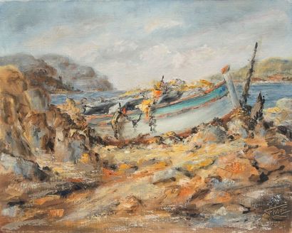 Félix TISOT (1909-1979) Une barque aux Embiez - Huile sur toile, signée en bas à...