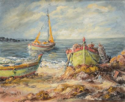 Félix TISOT (1909-1979) Barques - Huile sur toile, signée en bas à droite - 50x61...