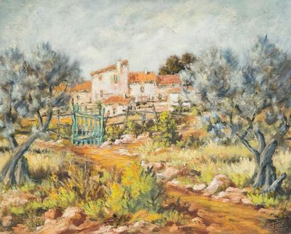 Félix TISOT (1909-1979) Les mas des oliviers - Huile sur toile, signée en bas à droite...