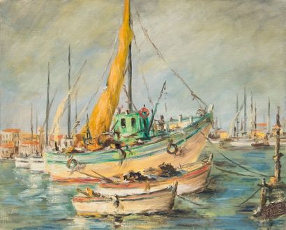 Félix TISOT (1909-1979) Dans le port de Sanary - Huile sur toile, signée en bas à...