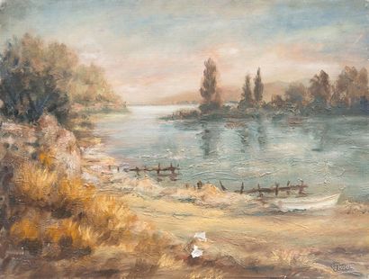 Félix TISOT (1909-1979) Sur la rive du fleuve - Huile sur toile, signée en bas à...
