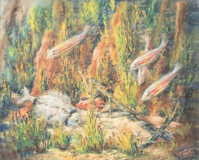 Félix TISOT (1909-1979) Poissons dans le fond de la mer - Huile sur toile, signée...