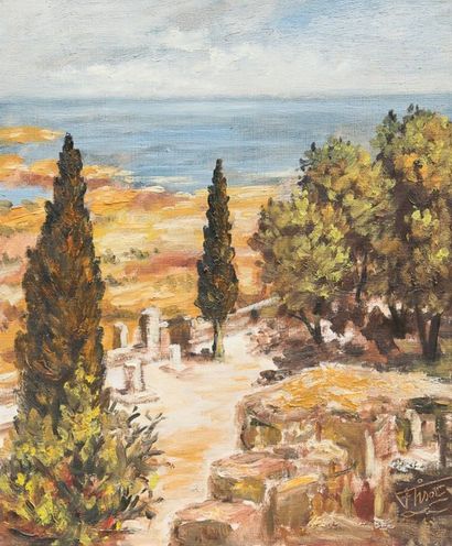 Félix TISOT (1909-1979) L'acropole, baie de lindos - Huile sur toile, signée en bas...