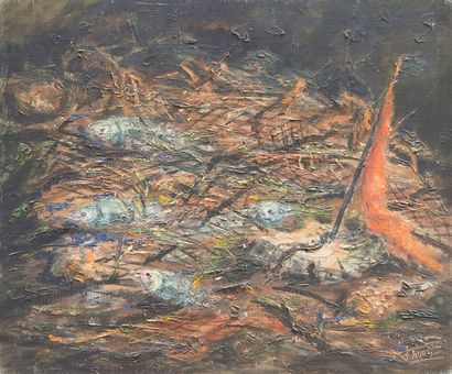 Félix TISOT (1909-1979) Les filets - Huile sur toile, signée en bas à droite - 46x55...