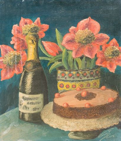 Félix TISOT (1909-1979) Nature morte bouteille et fleurs - Huile sur toile, signée...