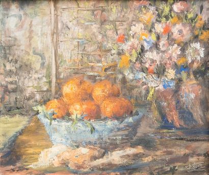 Félix TISOT (1909-1979) Les oranges fleuries - Huile sur toile, signée en bas à droite...