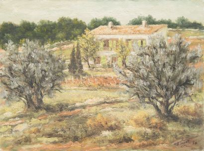 Félix TISOT (1909-1979) Bastide à travers les oliviers - Huile sur toile, signée...
