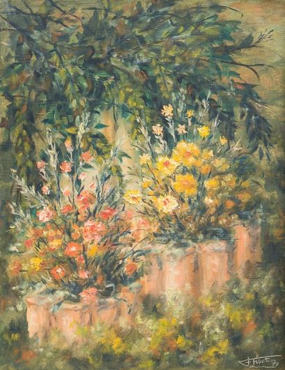 Félix TISOT (1909-1979) Les fleurs rivales - Huile sur toile, signée en bas à droite...