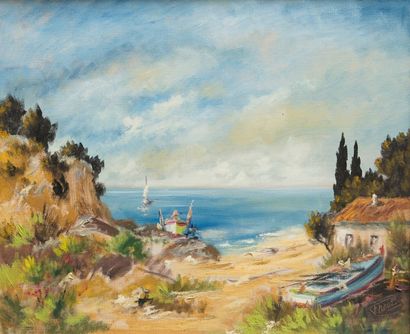 Félix TISOT (1909-1979) La plage tranquille - Huile sur toile, signée en bas à droite...