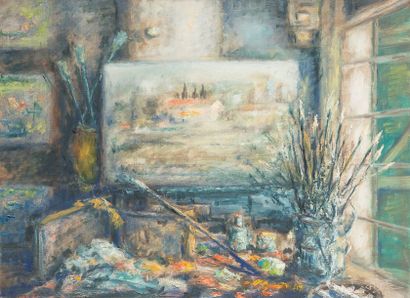 Félix TISOT (1909-1979) L'atelier de Félix Tisot - Huile sur toile, signée en bas...