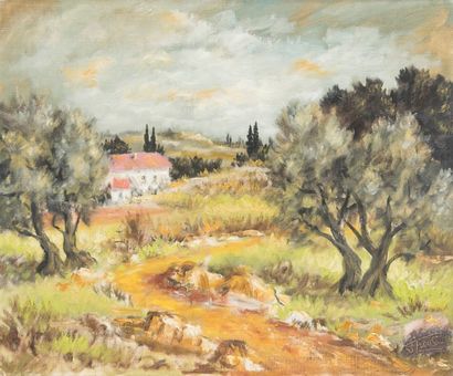 Félix TISOT (1909-1979) Paysage provençal "Les oliviers jumeaux" - Huile sur toile,...