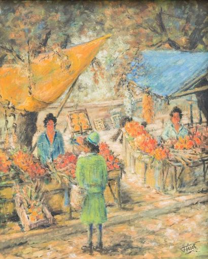 Félix TISOT (1909-1979) Ombres et lumières d'un marché en Provence - Huile sur toile,...