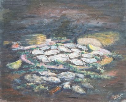 Félix TISOT (1909-1979) Nature morte aux huitres - Huile sur toile, signée en bas...