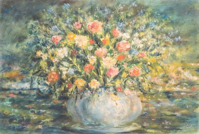 Félix TISOT (1909-1979) Bouquets de fleurs - Huile sur toile, signée en bas à droite...