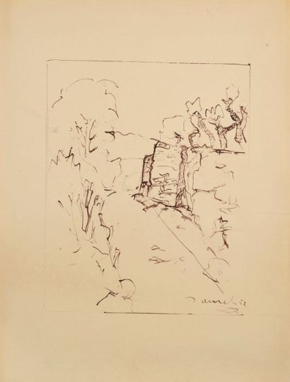 Jean AUREL (1907-1982) Paysage, encre signé en bas à droite, 1952. 63 x 48 cm