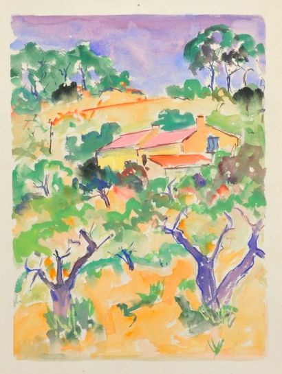 Jean AUREL (1907-1982) Paysage et maison, aquarelle. 47 x 38 cm