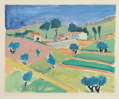Jean AUREL (1907-1982) Paysage et trois maisons, gouache sur papier, signé en bas...