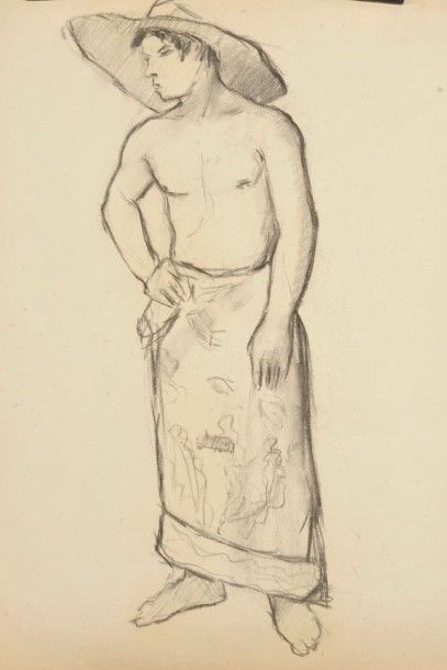 Jean AUREL (1907-1982) Homme au chapeau et au paréo, crayon gras. 64 x 47,5 cm