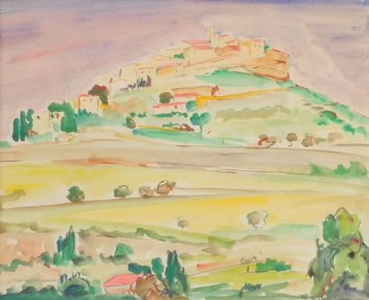 Jean AUREL (1907-1982) Ville sur colline, aquarelle sous verre signé en bas à gauche....