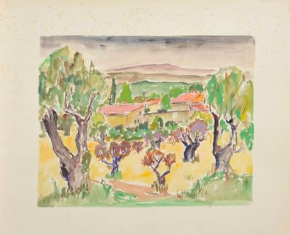Jean AUREL (1907-1982) Paysage et vue de village, aquarelle. 49,5 x 58 cm