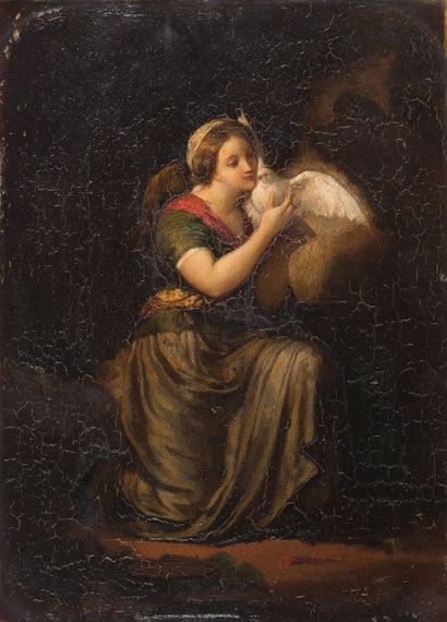 null Ecole française du XIXe siècle. Jeune femme à la colombe. Huile sur panneau....