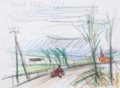 null Bernard BUFFET (1928-1999). La route du village. Crayon de couleur et fusain,...