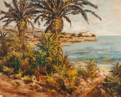 null Félix TISOT (1909-1979). Les palmiers de Port-Issol. Huile sur toile, signée...