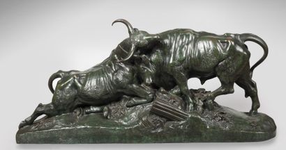 null Jean Baptiste CLESINGER (1814-1883). Combat de taureaux romains. Bronze à patine...
