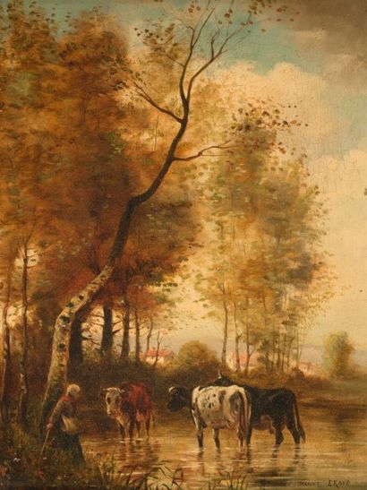null Marius ERAUD (1854-1919). Paysage, vaches au gué. Panneau, signé en bas à droite....
