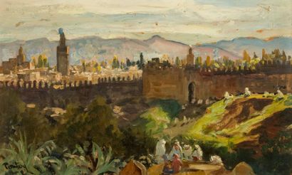 null HENRI JEAN PONTOY (1888-1968). Les remparts de Fez. Huile sur panneau, signé...
