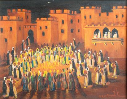 null El Hassan (Ecole marocaine XX°). Fête nocturne à Tanger. Huile sur toile marouflée...