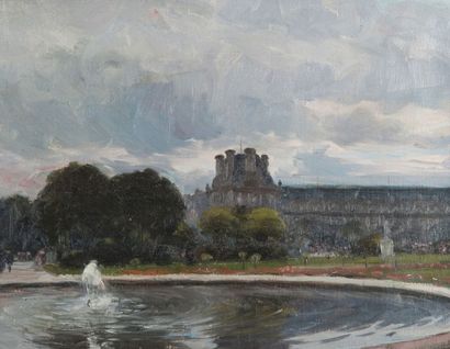 null Anatole HILLAIRET (1880-1928). Bassin aux Tuileries. Huile sur toile, signée...