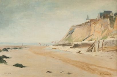 null Robert EUSTACHE (XIXe-XXe siècle). La plage de Villerville. Toile, signée en...